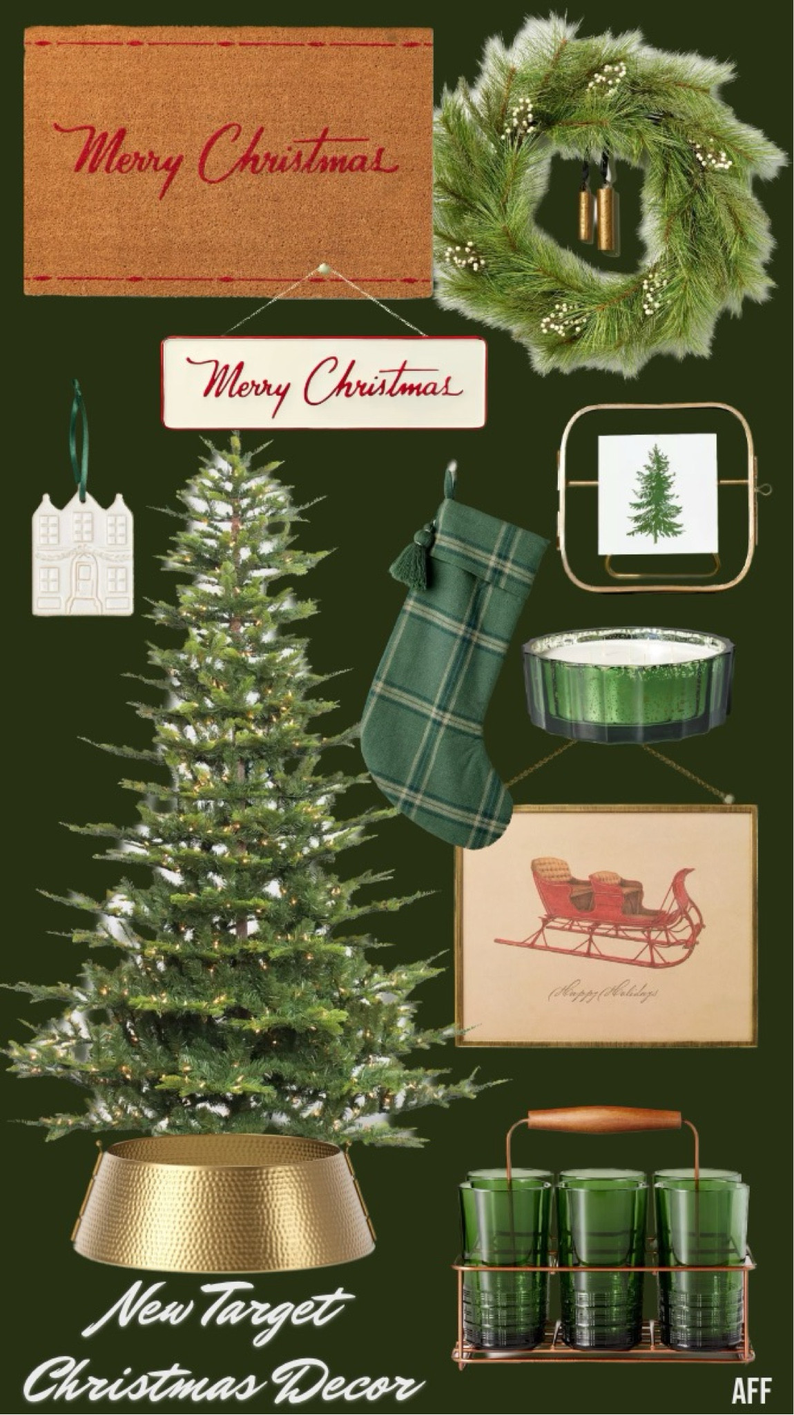 Target Christmas Decor! We have had that gold Christmas tree collar for 2 years now, and I love it! Breaks down for easy storage, too. I love that gold frame and you could switch out the art seasonally. Also, those green glasses will be perfect for hosting holiday parties!
………….
Christmas tree, best Christmas tree, target Christmas tree, Christmas door mat, holiday door mat, tree collar, gold tree collar, basket tree collar, Christmas wreath,   Christmas decor, Christmas decorations, target new arrivals, magnolia Christmas decor, holiday decor, Christmas candle, Christmas wall art, holiday wall art, sleigh art, Christmas art, wreath with bells, wreath with bows, Christmas stocking, green stocking, ceramic ornaments, glass ornaments, Christmas decor under $50, Christmas decor under $100, Christmas decor under $20, target finds, target x magnolia Christmas decor, magnolia holiday decor stockings under $20, stocking holder nativity set under $50

#LTKSeasonal #LTKhome #LTKHoliday