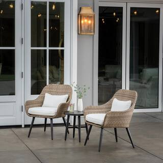 Amberly Brown 3-Piece Wicker Outdoor Conversation Set with White Cushions | The Home Depot