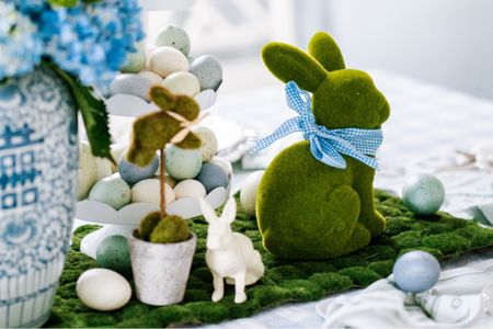Easter decor! Tablescape blue and white check tablecloth moss runner moss Easter bunnies speckled eggs grandmillennial home decor table cloth bunny chinoiserie 

#LTKhome #LTKSeasonal #LTKunder50