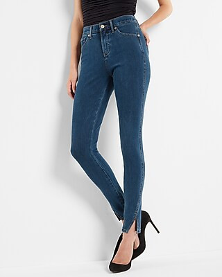 Mid Rise Dark Wash Vented Hem Skinny Jeans | Express