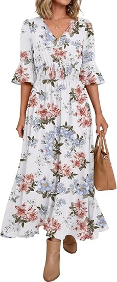 ANRABESS Womens Maxi Dress 2026 Summer Boho Ruffle Sleeve V Neck A Line Elastic Waist Flowy Weddi... | Amazon (US)