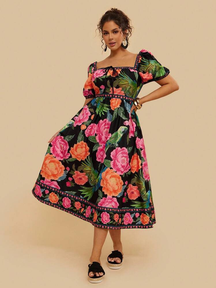 Travachic Plus Size Vacation Casual Colorful Tropical Flower Prints Puff Sleeve Elegant Princess Dress, Summer Ladies Party Dress | SHEIN