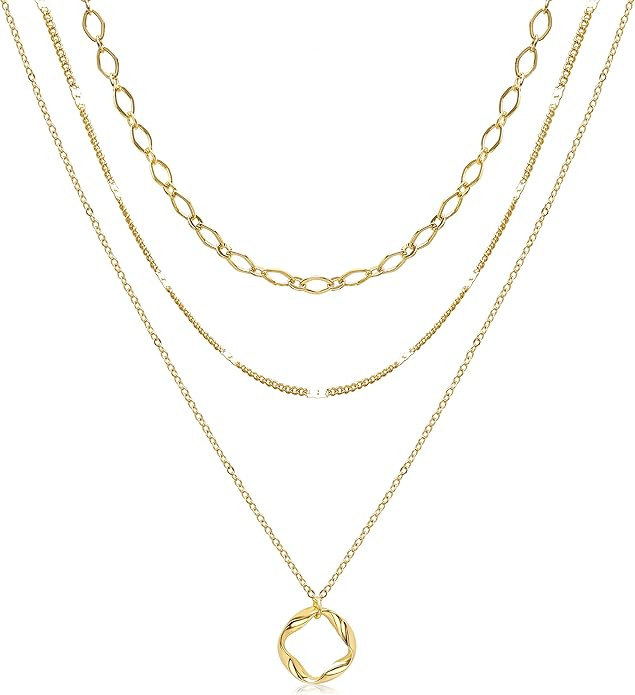 Aisansty Layered Choker Necklace Pendant Disc Bar Handmade 14K Gold Plated Dainty Satellite Pearl... | Amazon (US)