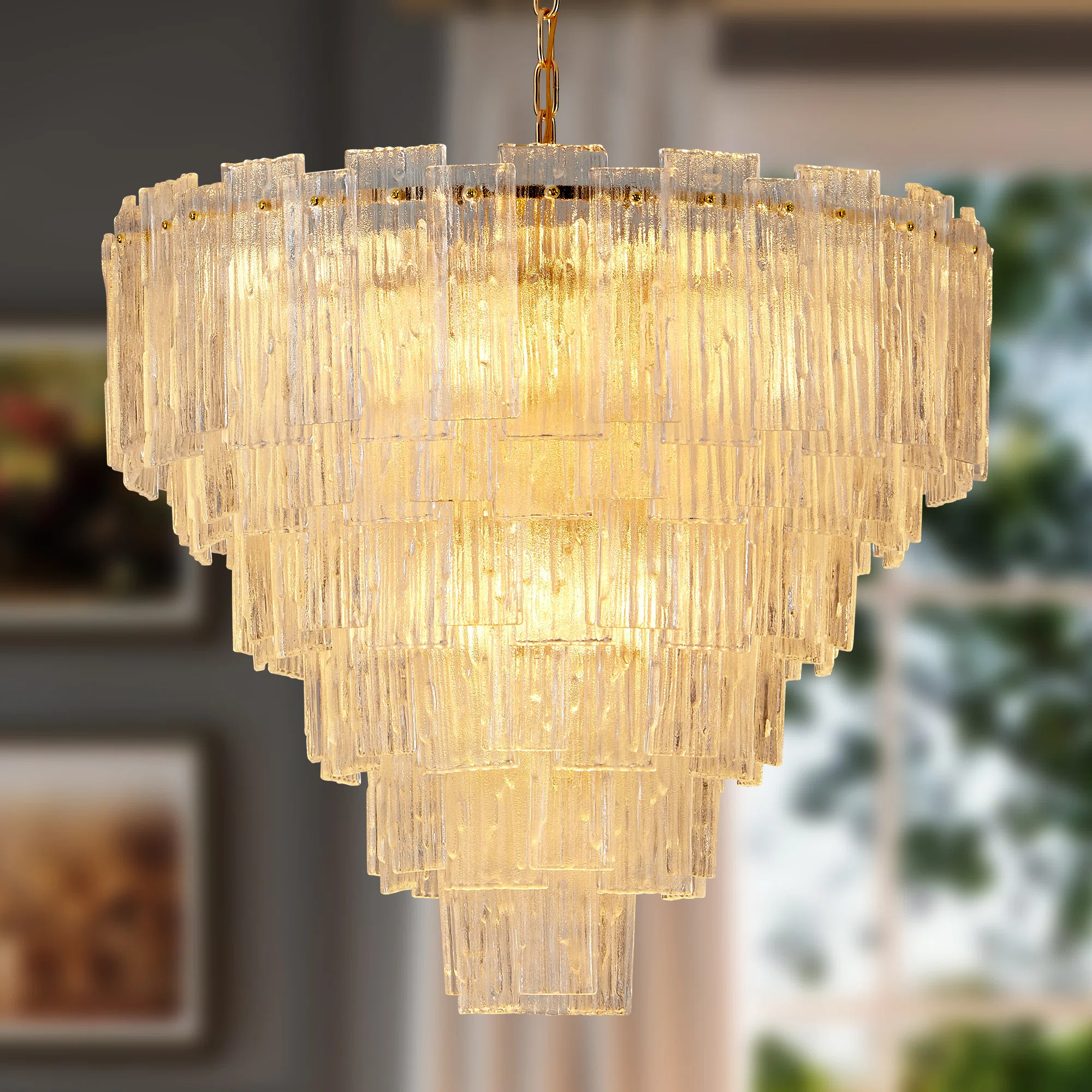 Modern Golden Round Frosted K9 Crystal Chandelier, 3-Color Dimmable, Height-Adjustable | Wayfair North America