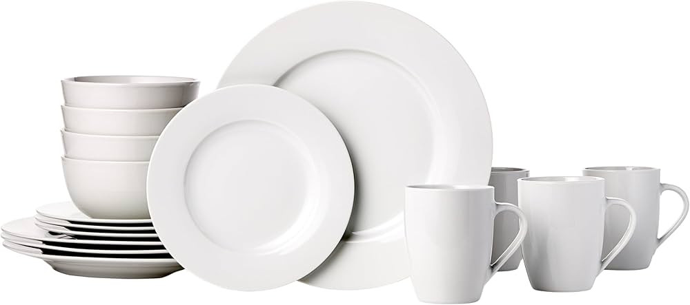 Amazon Basics 16-Piece Porcelain Kitchen Dinnerware Set with Plates, Bowls and Mugs, Service for ... | Amazon (US)