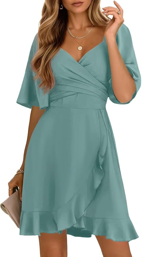 Dokotoo Women's Wrap V Neck Short Flared Sleeve Wedding Guest Dress Smocked Elastic Waist Tiered ... | Amazon (US)