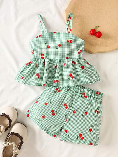 SHEIN Vintaside Kids 2pcs/Set Baby Girl Spring&Summer Vacation Style Cherry&Plaid Printing Slip T... | SHEIN