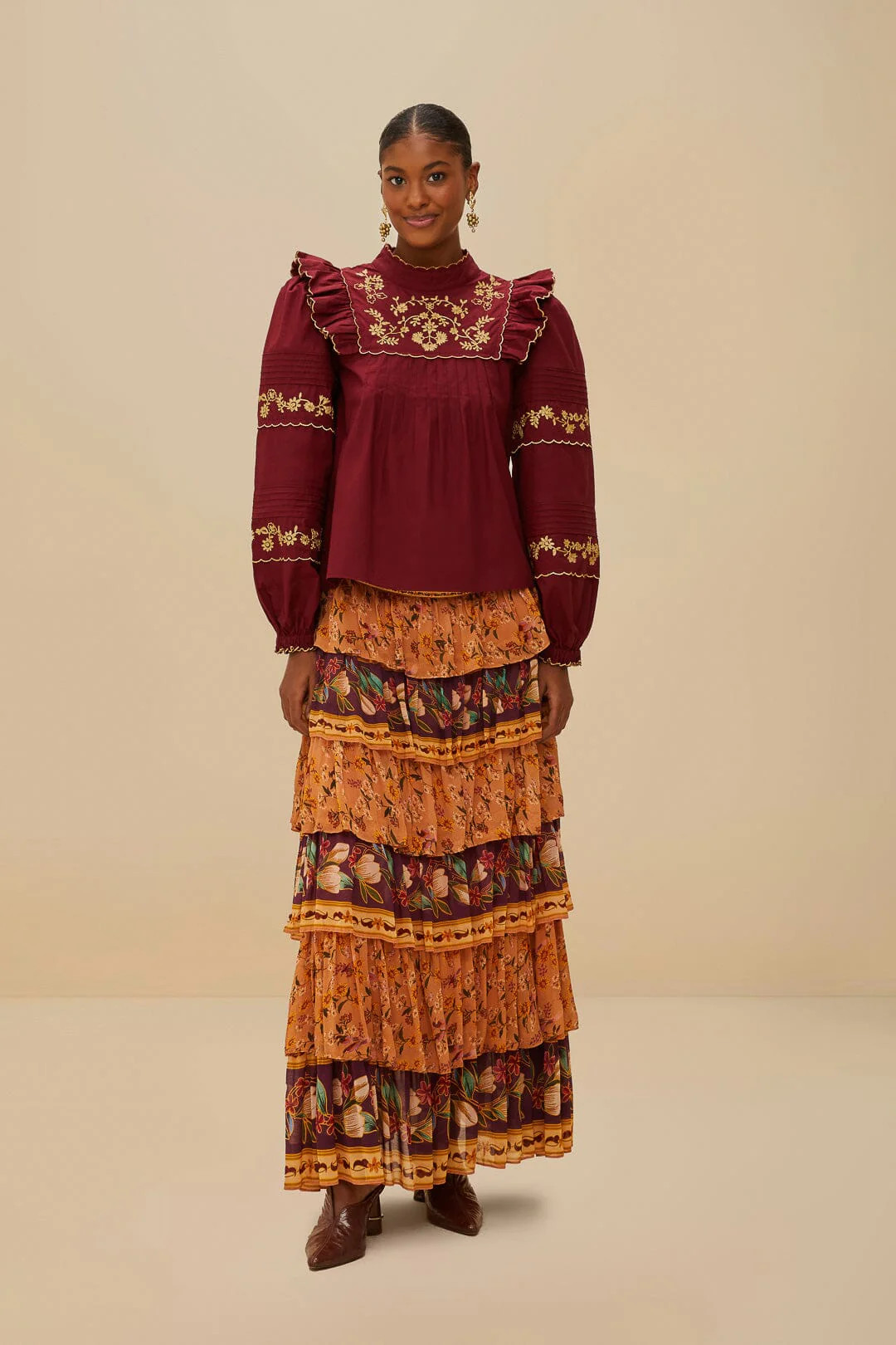 Colorful Birds Camel Ruffles Midi Skirt | FarmRio (US)