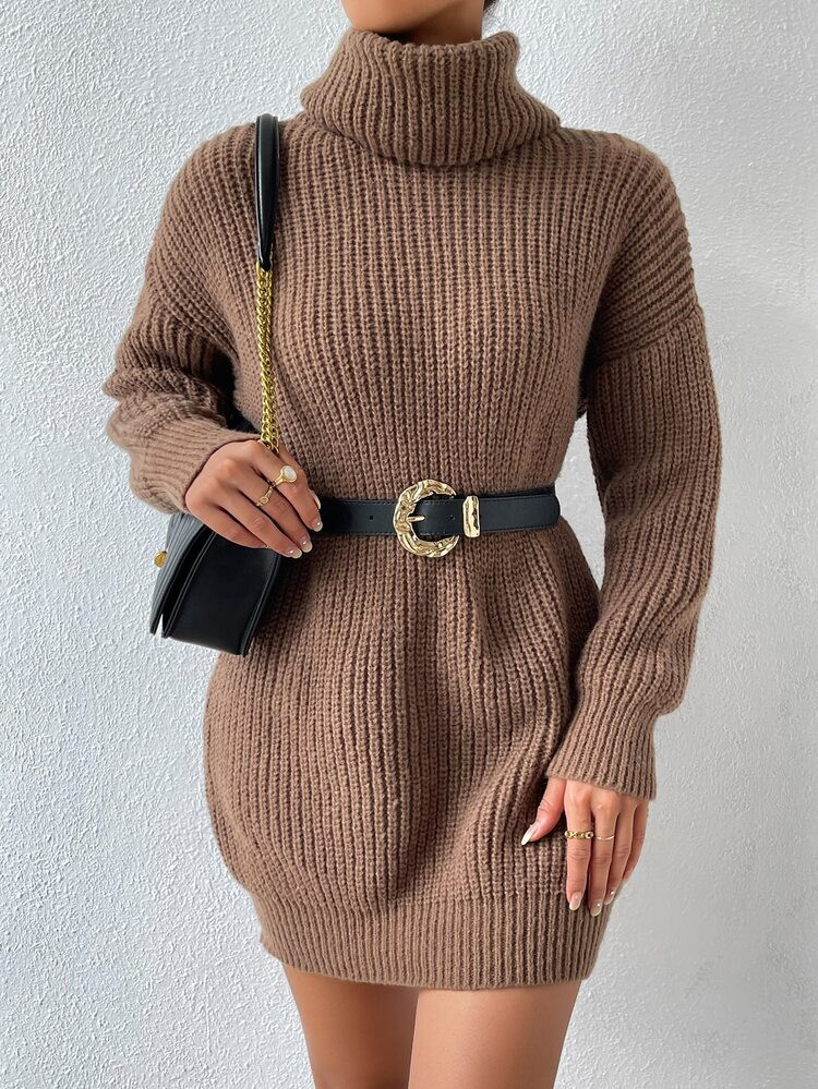 Turtleneck Drop Shoulder Sweater Dress Without Belt | SHEIN