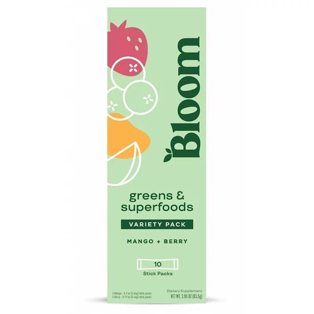 Bloom Nutrition Greens & Superfoods Powder Sticks, Mango and Berry, 10 Count | Walmart (US)