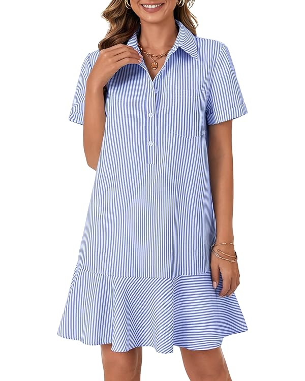 OPOIPIN Women's Collared V Neck Stripe Short Sleeve Button UP Ruffle Hem Shirt Tunic Mini Dress | Amazon (US)