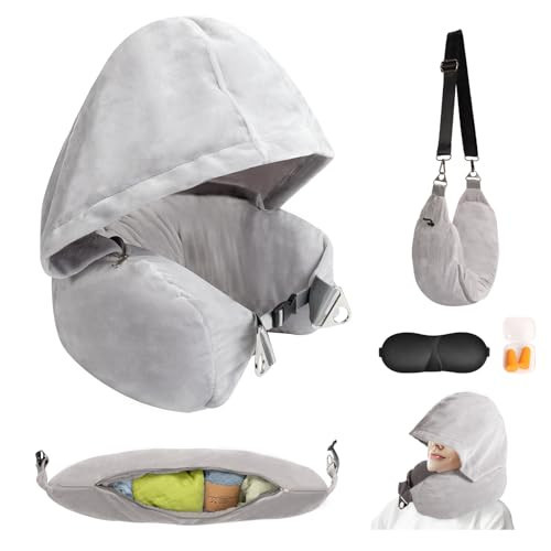 DreamShore Stuffable Neck Pillow for Travel with Hood - Adjustable Velvet Travel Pillow with Earplugs & Eye Mask, Ultimate Carry-On Travel Neck Pillow for Airplane, Travel Pillow for Extra Luggage | Amazon (US)