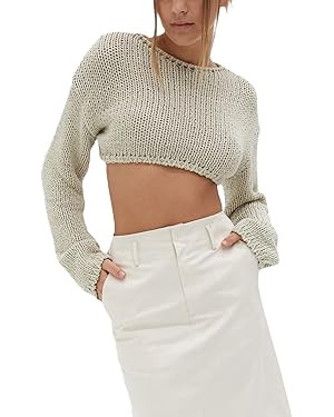 Women Hollow Out Crochet Knit Crop Tops Color Block Long Sleeve Square Neck Fall Sweaters Tops | Amazon (US)