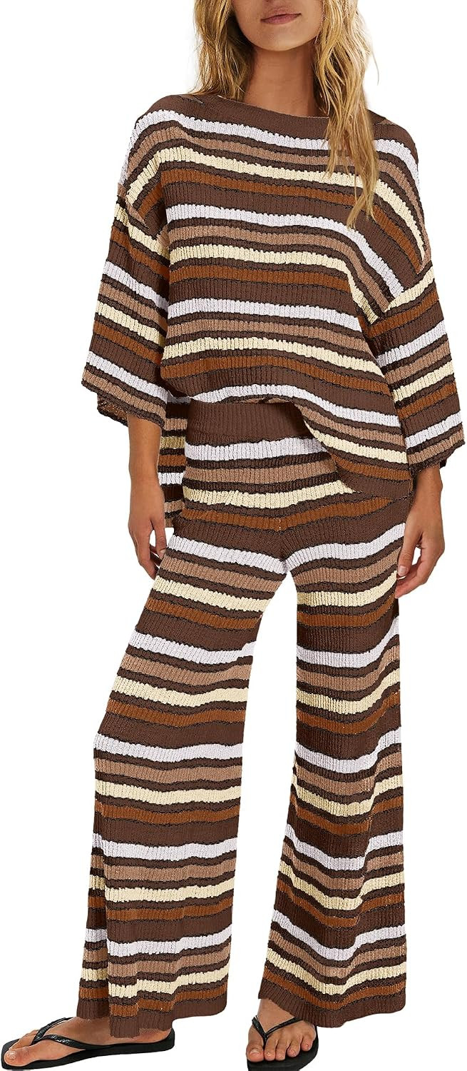 ReachMe Womens Oversized Striped 2 Piece Sets Sweater and Wide Leg Pants with Pockets Pajama Lounge Sets Casual Outfits | Amazon (US)