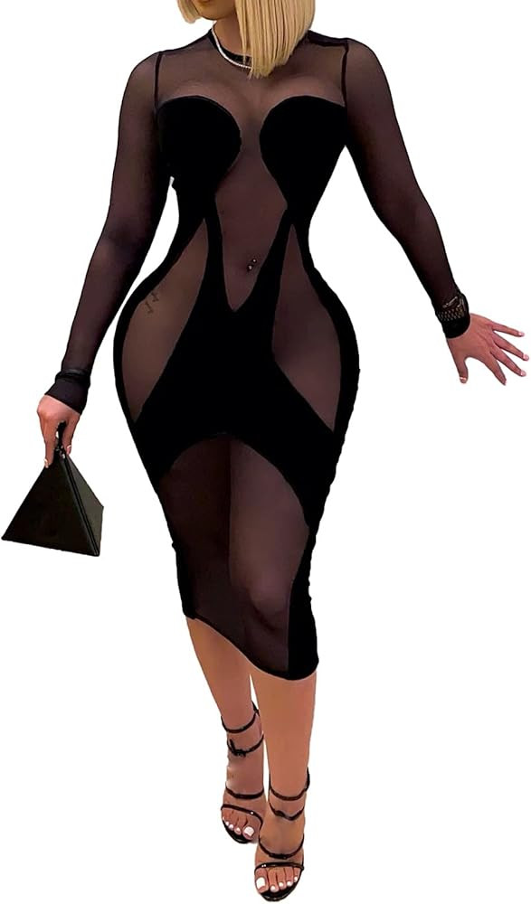 Uni Clau Women’s Sexy See Through Sleeveless Cover Up Dress Deep V Neck Swimsuit Bodycon Midi B... | Amazon (US)