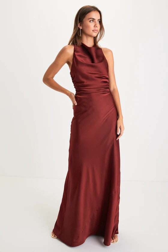 Effortlessly Sensational Wine Red Satin Backless Maxi Dress | Lulus