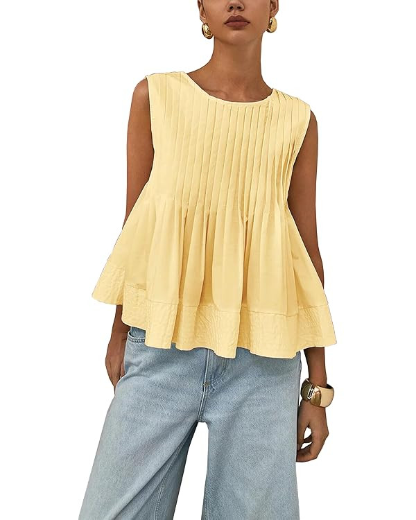 Womens Summer Pleated Peplum Sleeveless Blouse Tank Tops Round Neck Y2K Babydoll Blouse Shirt | Amazon (US)