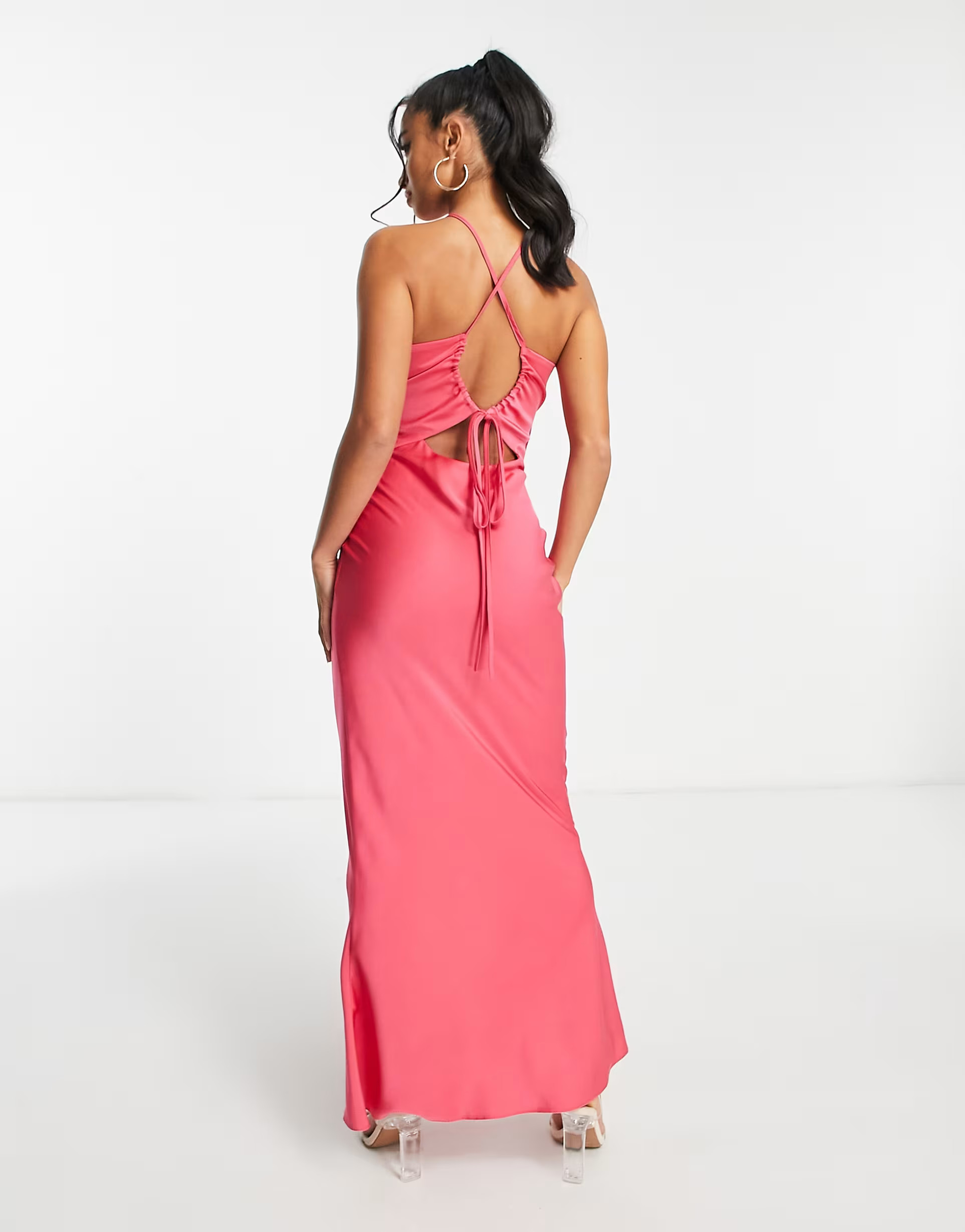ASOS DESIGN Petite knot front satin maxi dress with tie back detail in hot pink | ASOS (Global)