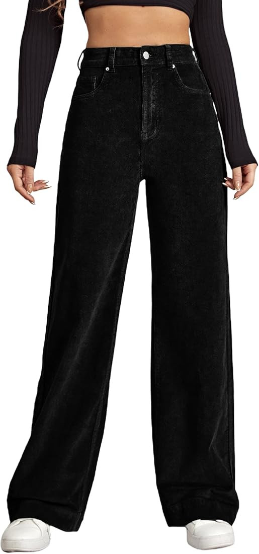 Floerns Women's High Waist Corduroy Pants Wide Leg Workout Trousers with Pocket | Amazon (US)