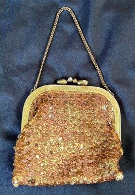 Vtg 70s Gold Tone Sequin Evening Bag~Purse W/Chain Strap~Metal Frame~Wristlet | eBay US