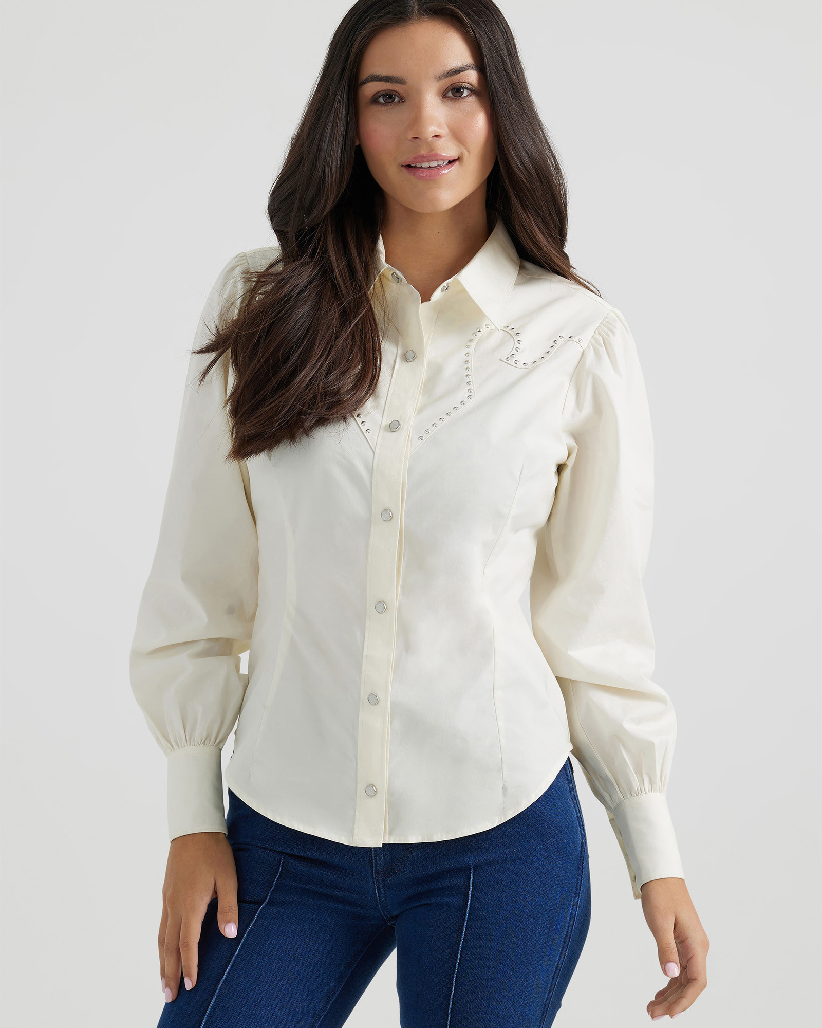 Wrangler® x Yellow Rose by Kendra Scott Puff Sleeve Rodeo Shirt in Vanilla Ice | Kendra Scott