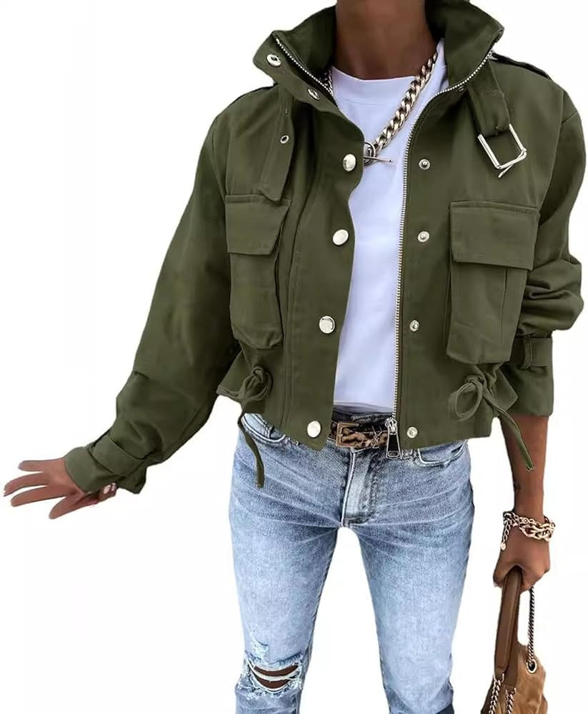 Women's Casual Cropped Jackets Stand Collar Button Up Slim Top Lightweight Utility Street Jacket | Amazon (US)