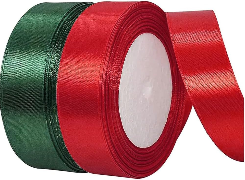 2 Rolls 50 Yards Christmas Ribbon 1 Inch Red Green Satin Ribbon | Amazon (US)