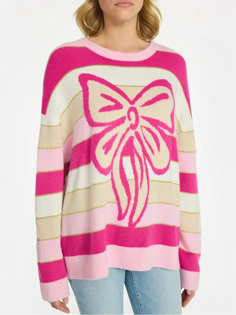99 Jane Street Women's and Women's Plus Striped Sweater with Bow Design, Midweight, Sizes XS-4X | Walmart (US)