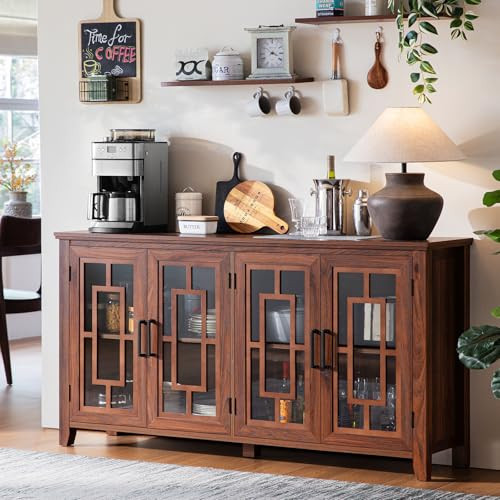 Joaxswe Large Sideboard Buffet Cabinet with Storage, 63" Farmhouse Brown Kitchen Coffee Wine Bar Cabinet with 4 Glass Doors, Wood Mid Century Modern Side Board Table for Dining Room, Living Room | Amazon (US)