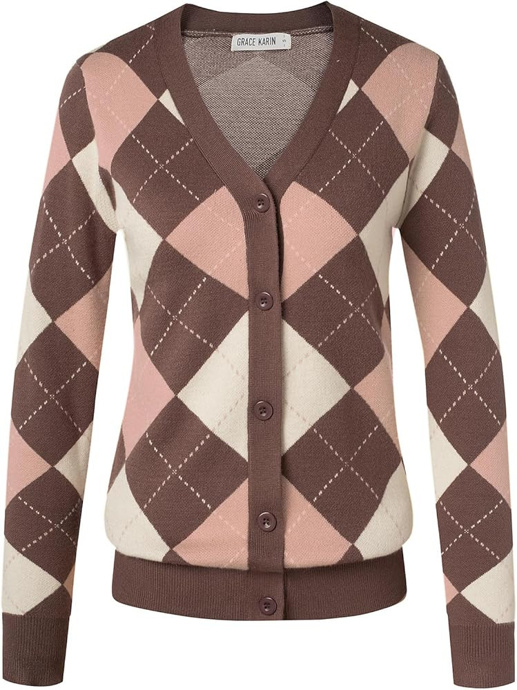 GRACE KARIN Womens Cardigan Sweater Fall Long Sleeve Argyle Sweater V Neck Button Up Cardigan Col... | Amazon (US)