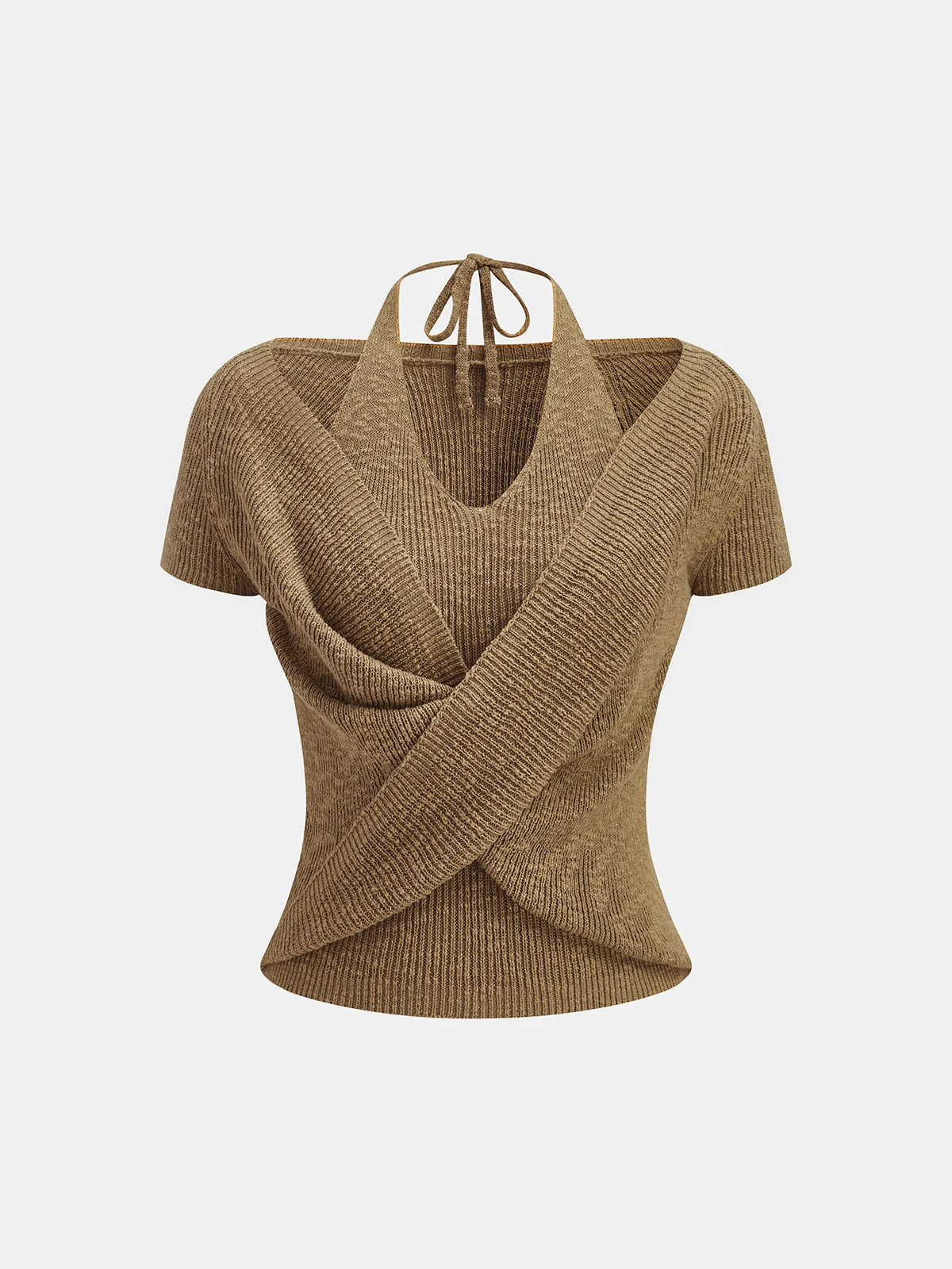 Halter Wrap Short Sleeve Knit Top | Commense