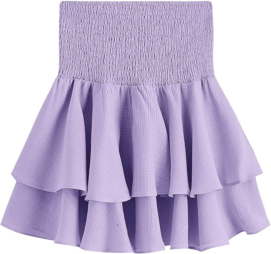 SheIn Women's Solid Shirred High Waist Layered Ruffle Hem Flared Mini Skirt | Amazon (US)