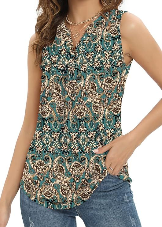 Summer Tops Sleeveless V Neck Dressy Business Casual Shirts Women's Loose Fit Blouses Flowy Cute ... | Amazon (US)