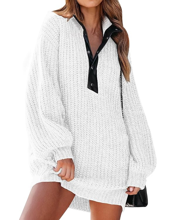 KIRUNDO Women's 2023 Fall Casual V Neck Long Lantern Sleeve Oversized Chunky Knit Pullover Mini S... | Amazon (US)