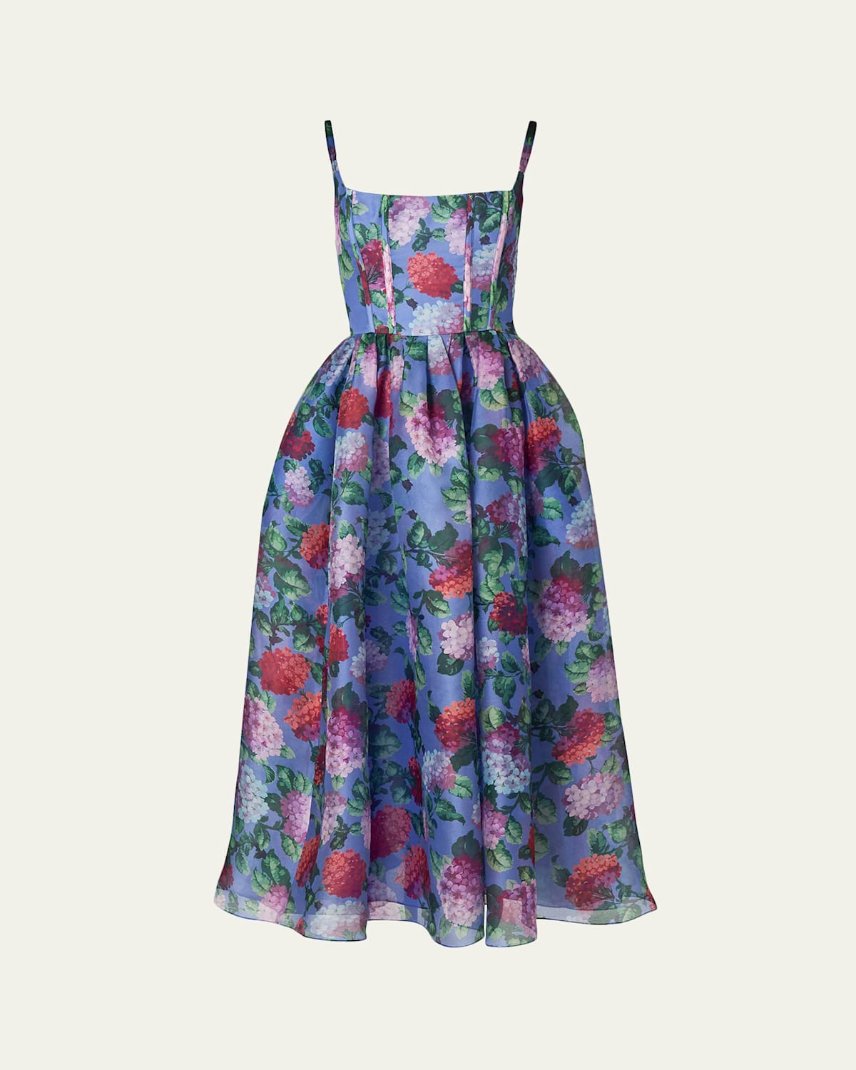 Hydrangea-Print Silk Organza Fit-and-Flare Midi Dress | Bergdorf Goodman