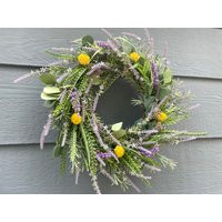 Lavender Spring Summer Wreath, Billy Button Rosemary Craspedia Farmhouse Eucalyptus Housewarming Wreath | Etsy (US)