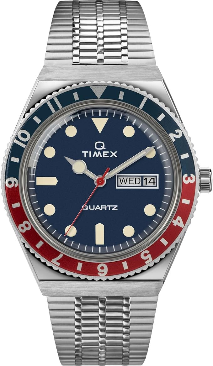 Timex Q Men's 38mm Watch – 1979 Reissue Silver-Tone Case Blue Dial Blue/Red Top Ring with Stain... | Amazon (US)