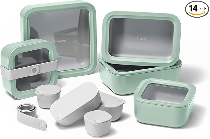 Caraway 14pc Glass Food Storage Container Set - Easy to Store, Non Toxic Lunch Box - with Glass L... | Amazon (US)