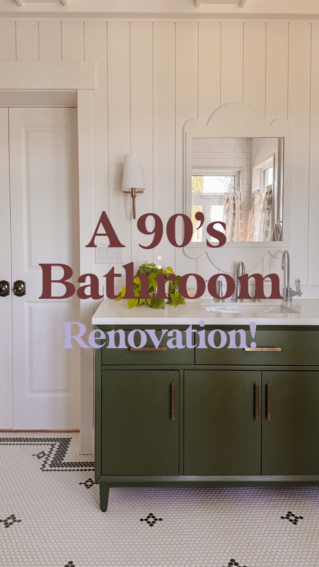 Cozy cottage bathroom, green vanity, gold sconces, moen faucets, mosaic penny tile

#LTKhome #LTKcanada