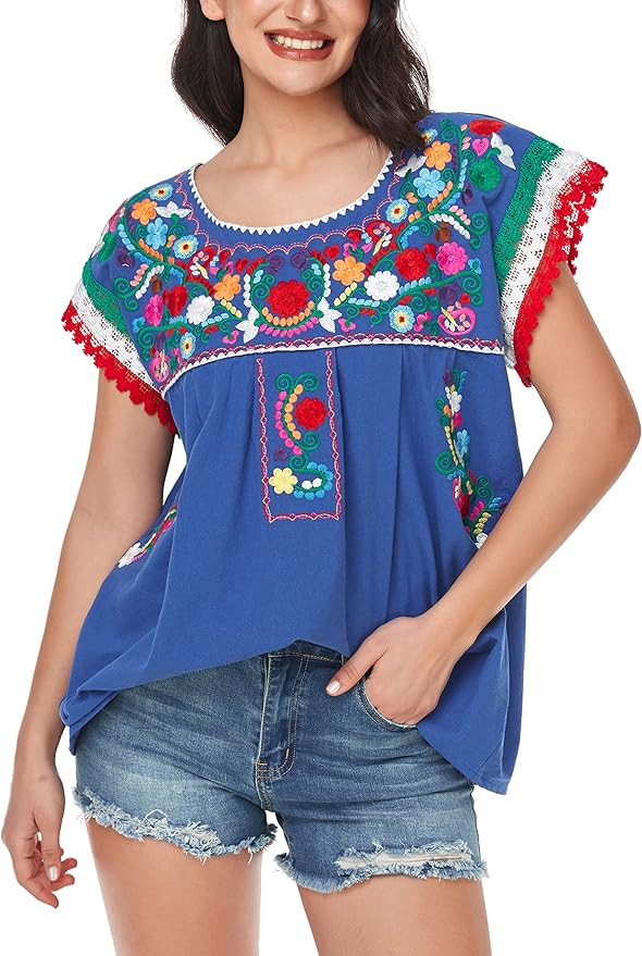 YZXDORWJ Women Mexican Embroidered Lace Traditional Colorful Blouse Tricolor Top Mexican Independ... | Amazon (US)
