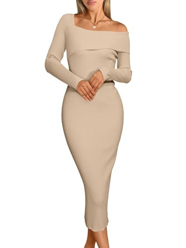 Simplee Womens Off Shoulder Bodycon Sweater Dress Fall Formal Long Sleeve Elegant Club Party Ribbed Knit Midi Dresses(Apricot,Large) | Amazon (US)
