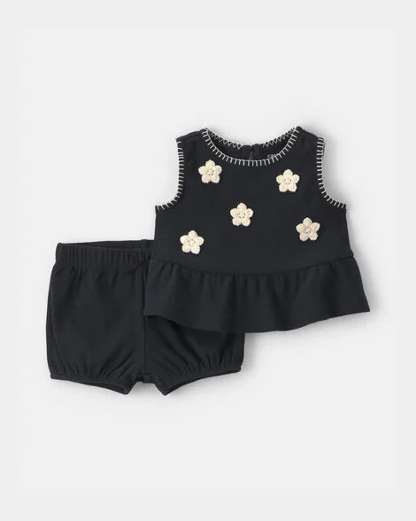 Baby Girl 2-Piece Floral Embroidered Top & Short Set - Black | Carter's Inc