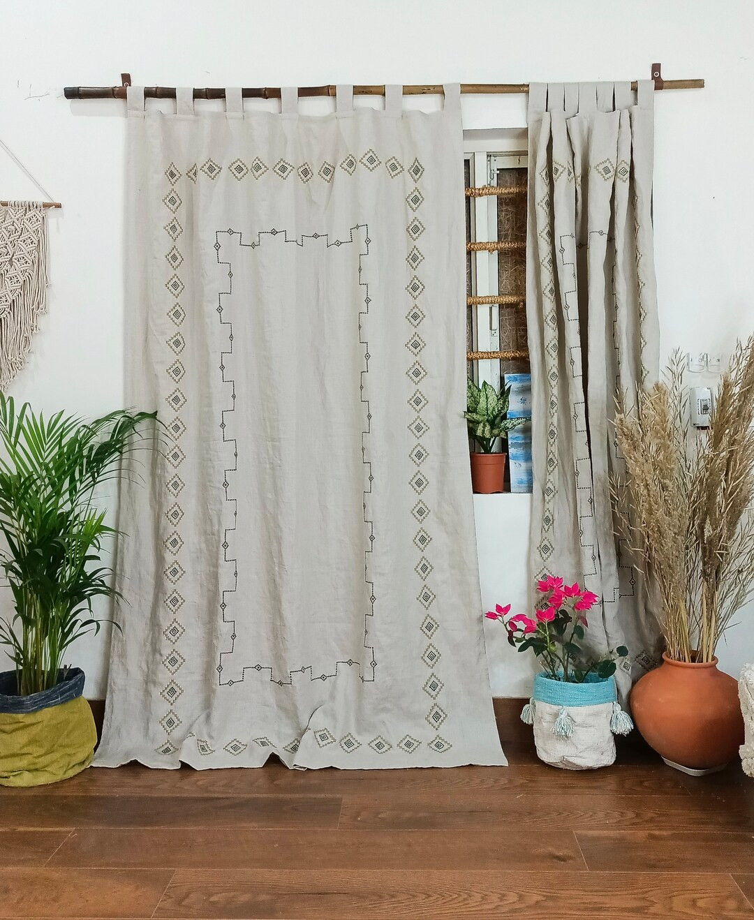 Natural Linen Curtains | Embroidered Linen Curtain Panel | Boho Window Drapes | Handmade Curtains... | Etsy (US)