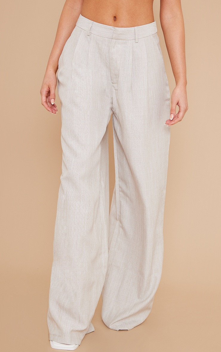 Stone Woven Linen Feel Tailored High Waist Wide Leg Pants | PrettyLittleThing US