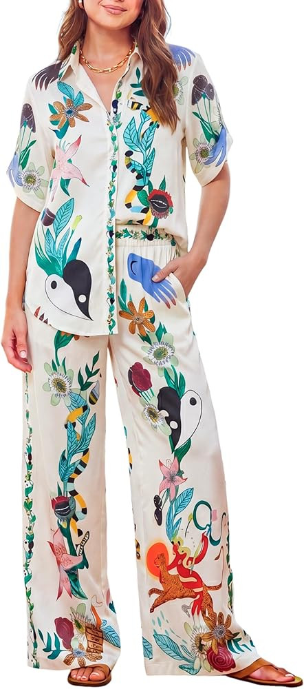 Summer Lounge Set for Women, Graphic Button Down Shirt & Wide Leg Pant Set 2 Piece Outfit for Bea... | Amazon (US)