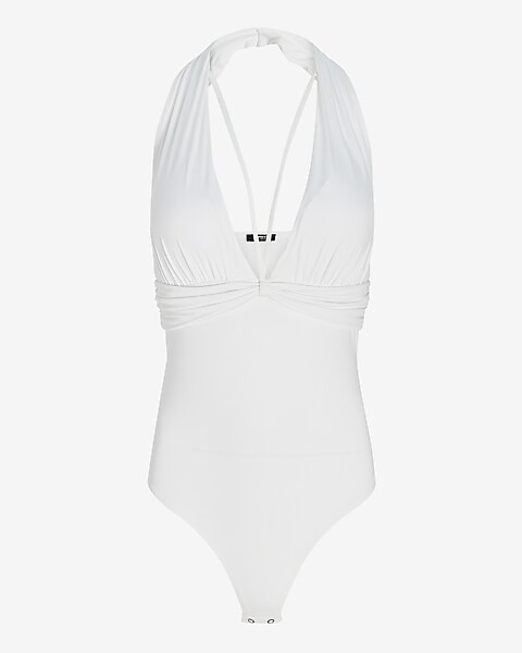 Body Contour Silky Strappy Front Halter Thong Bodysuit | Express