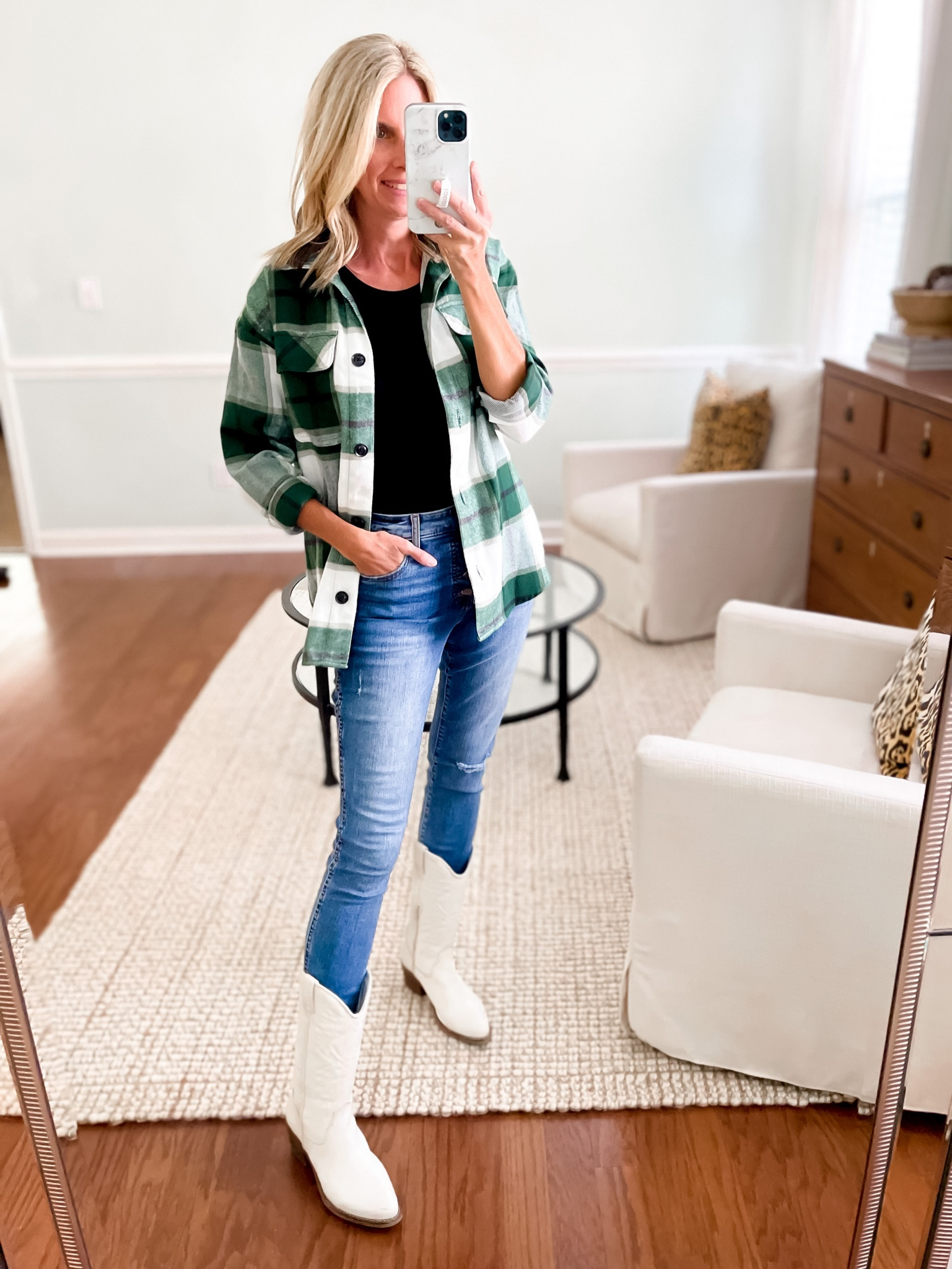 Walmart plaid shacket wearing a medium. Amazon tank wearing a small. White boots. Fall fashion fall outfit ideas #ltkshoecrush #ltkhokiday #ltkunder50 #ltkunder100 #ltkseasonal #fallfashion #outfitideas #affordablefashion 

#LTKSeasonal #LTKsalealert #LTKunder50