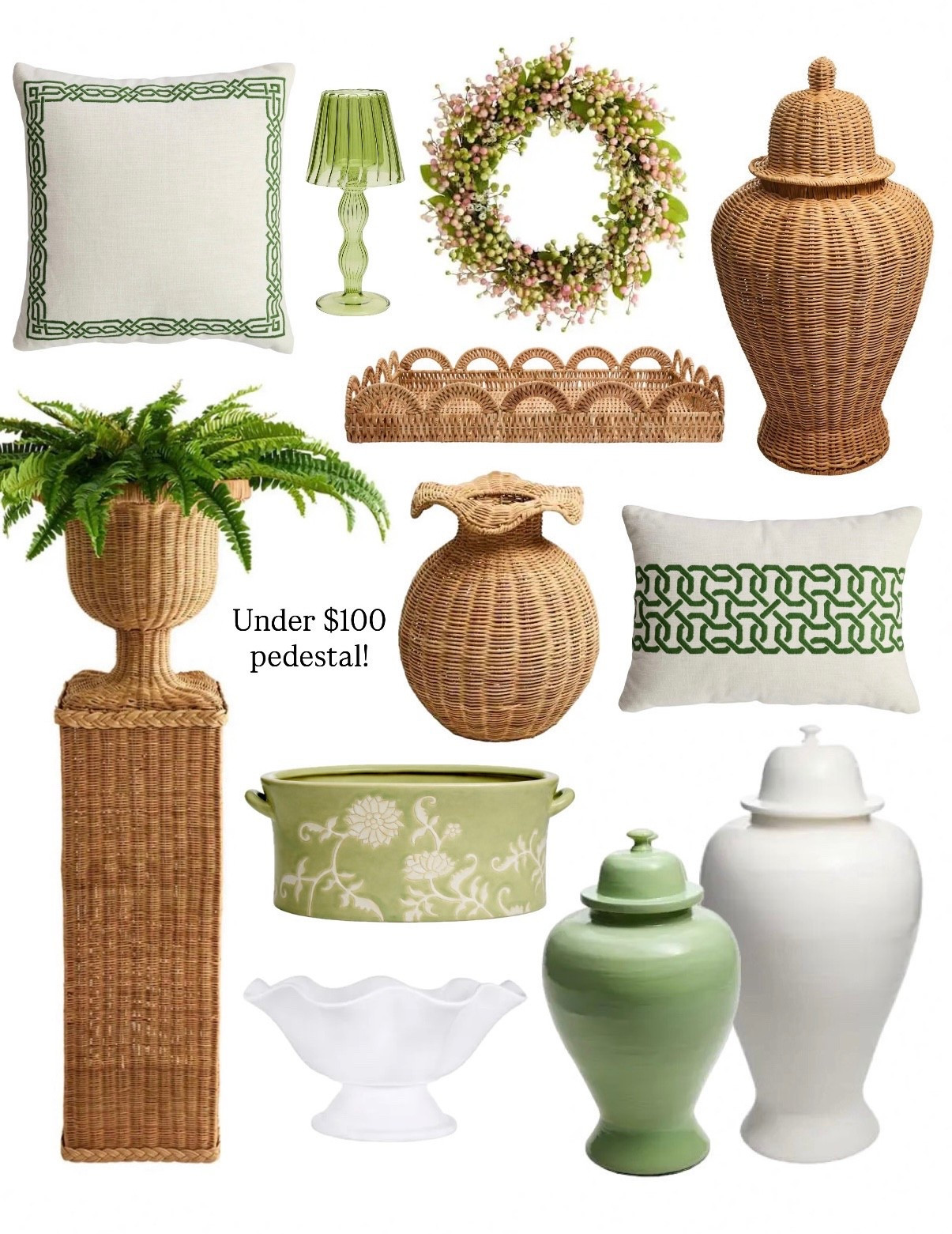 Under $100 finds including this rattan urn vase and pedestal!! 😍 New spring decor rattan pedestal stand look for less ginger jar green vase spring wreath cachepot chinoserie traditional decor scalloped tray ruffle vase 

#LTKHome #LTKSaleAlert