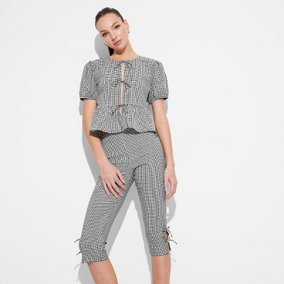 Women's Puff Sleeve Tie-Front Peplum Blouse - Wild Fable™ Black Gingham S | Target