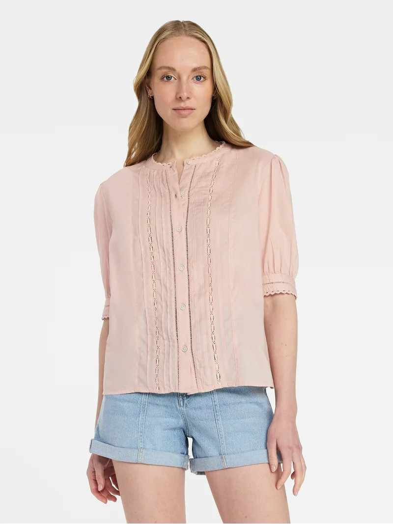 Time and Tru Women's and Women's Plus Cotton Lace Inset Blouse with Elbow Length Sleeves, Sizes X... | Walmart (US)